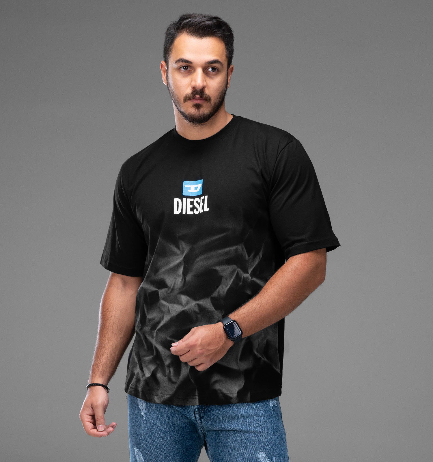 تیشرت لش Diesel یقه گرد مردانه مشکی نخ پنبه طرحدار مدل 48233