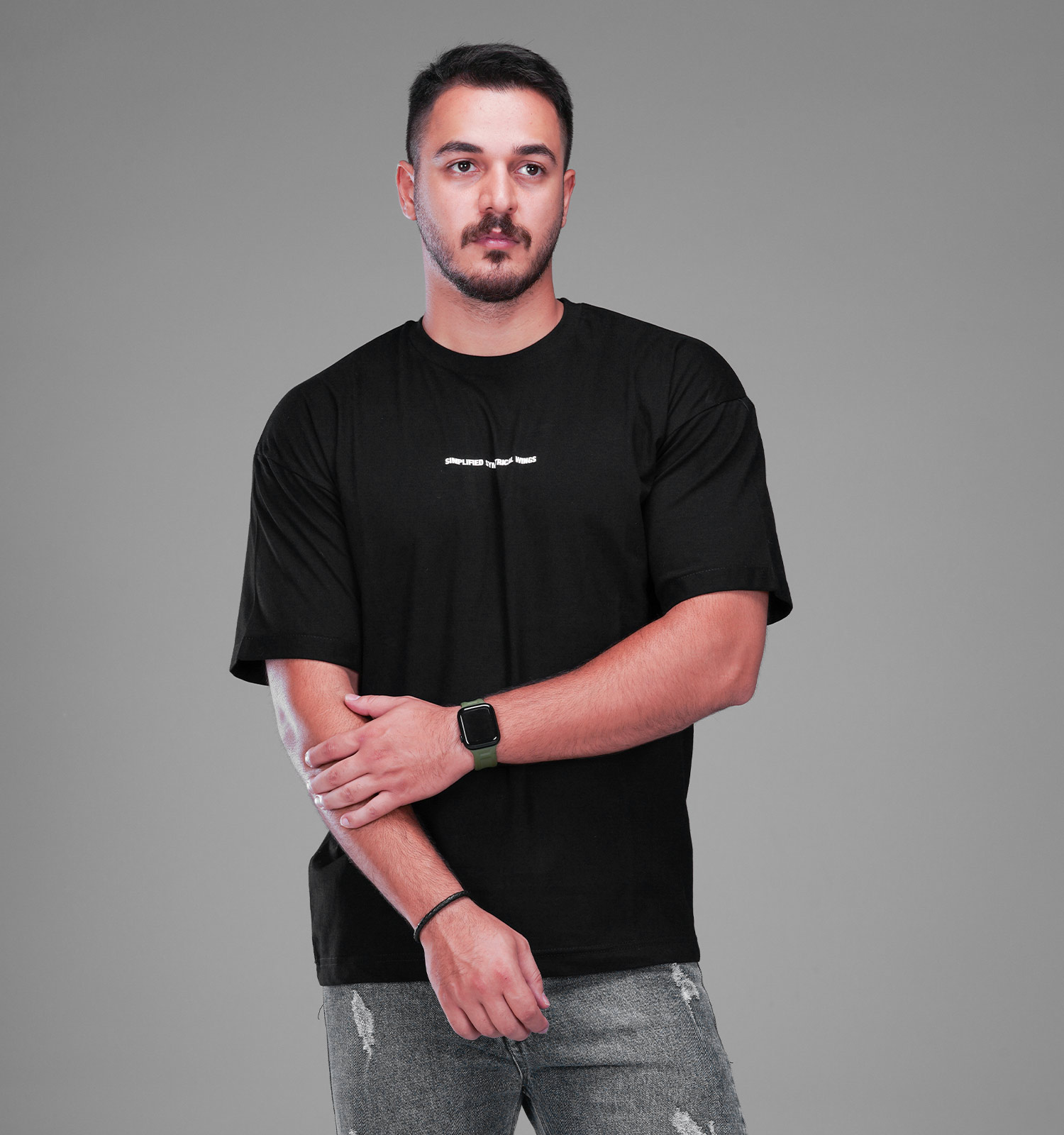 تیشرت یقه گرد مردانه مشکی نخ پنبه طرحدار مدل 48180