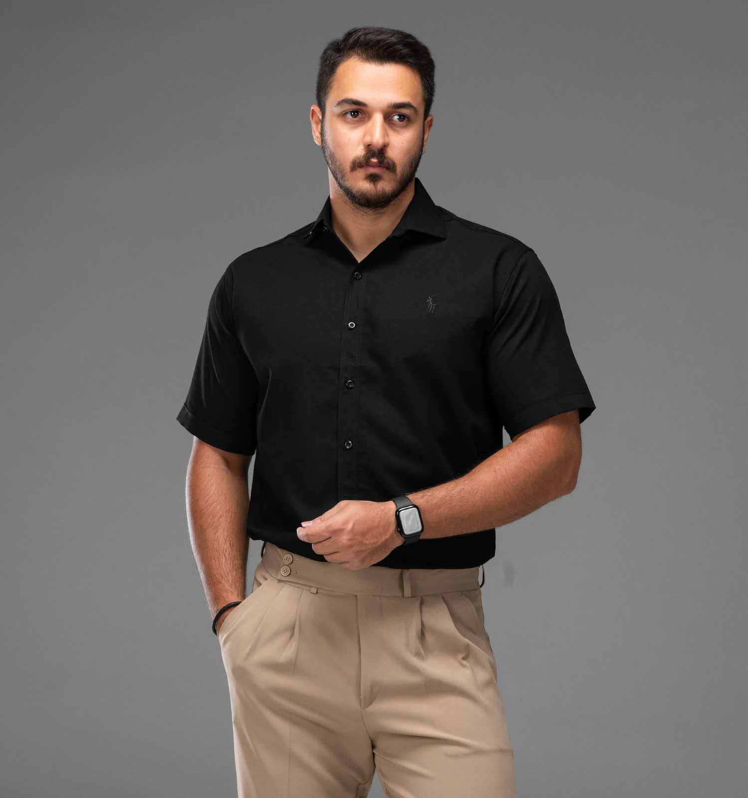 پیراهن نخی مردانه راه راه آستین کوتاه مشکی Polo مدل 48247