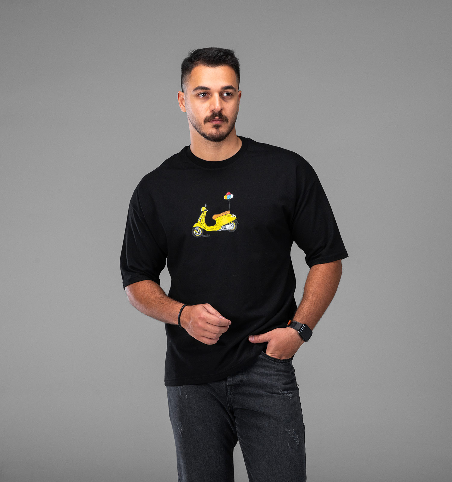 تیشرت یقه گرد مردانه مشکی نخ پنبه طرحدار مدل 48160