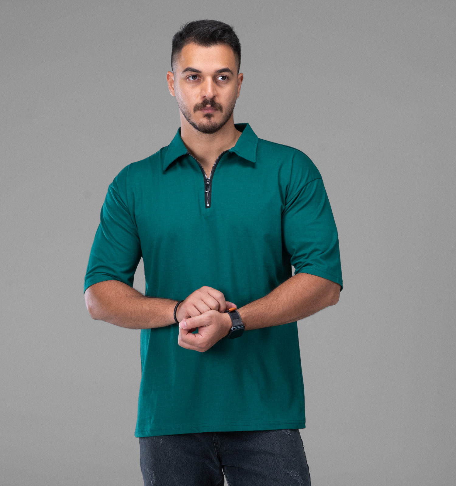 تیشرت یقه دار نیم زیپ مردانه نخ پنبه ساده مدل 48163