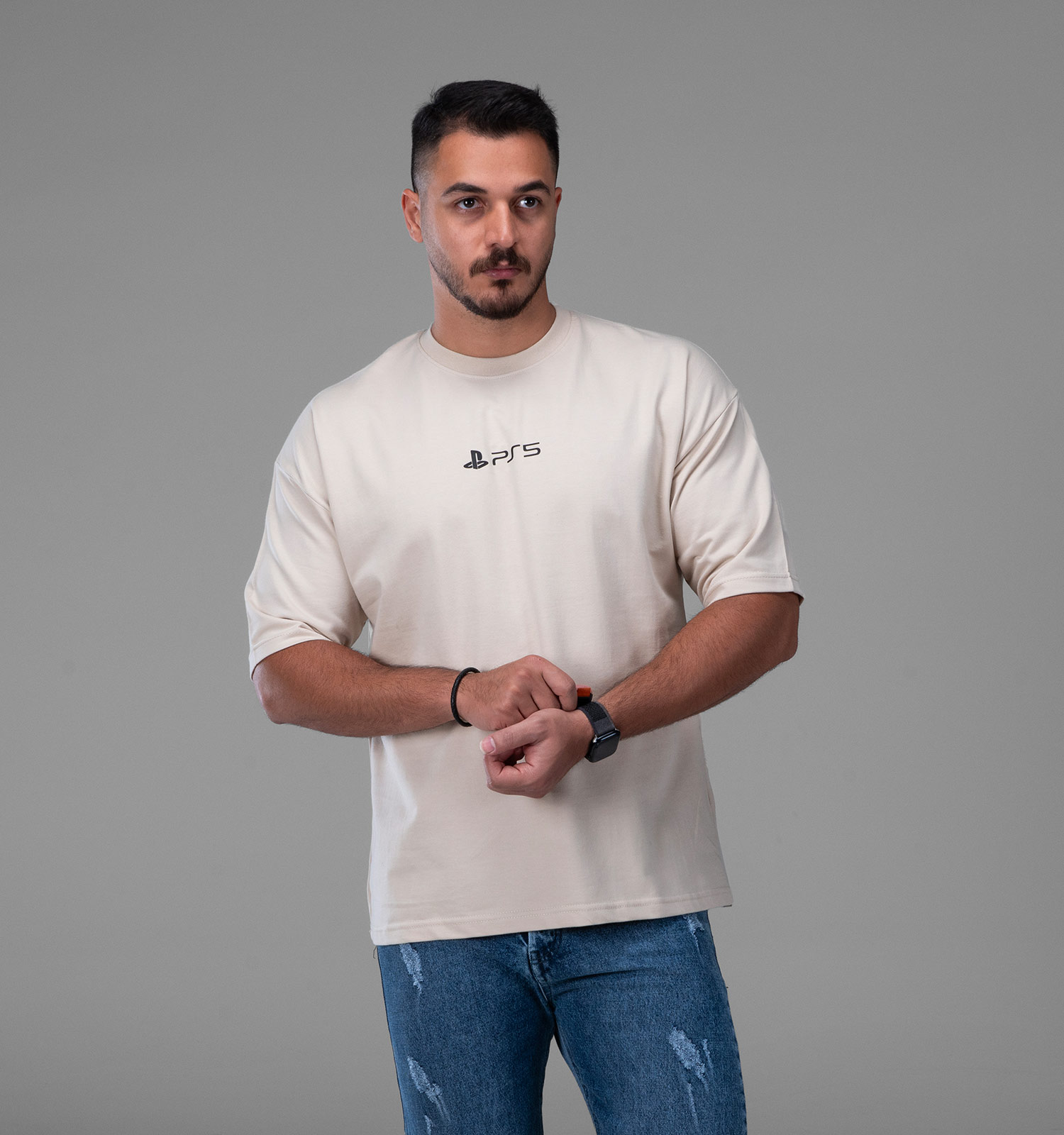 تیشرت یقه گرد مردانه باکسی نخ پنبه طرحدار مدل 48153