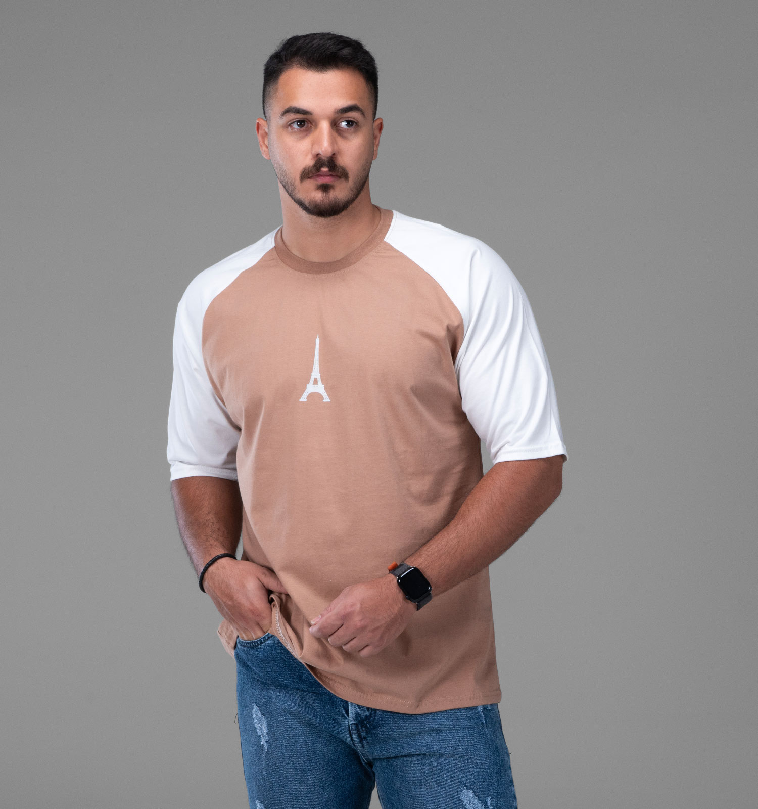 تیشرت یقه گرد مردانه باکسی نخ پنبه طرحدار مدل 48152