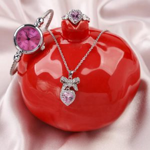 ست زنانه ساعت گردنبند انگشترPink_Heart مدل 3671