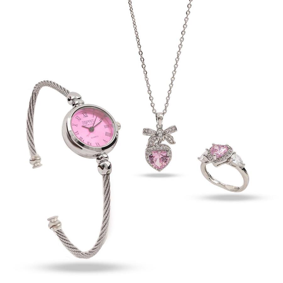 ست زنانه ساعت گردنبند انگشترPink_Heart مدل 3671