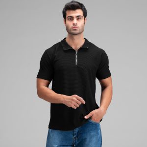 تیشرت یقه دار نیم زیپ مردانه مشکی مراکشی ساده مدل 48345
