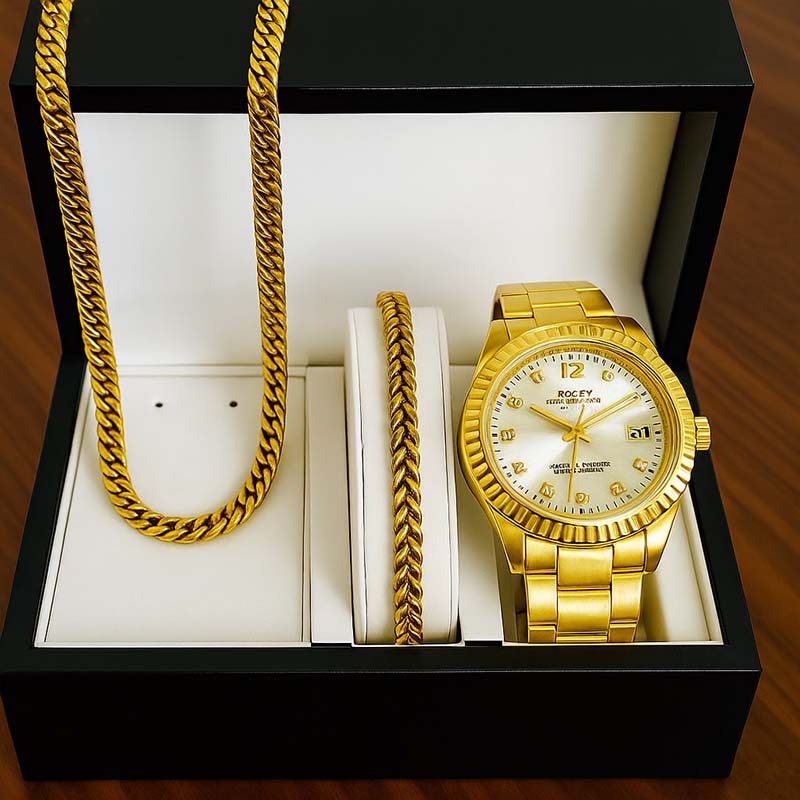 پکیج نیم ست Cartier مردانه طلایی مدل Zoris ساعت مچی رولکس طلایی مدل Date-just