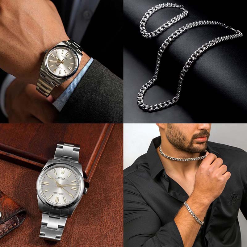 پیکج نیم ست نقره ای Cartier ساعت رولکس نقره ای صفحه سفید مدل Oyster