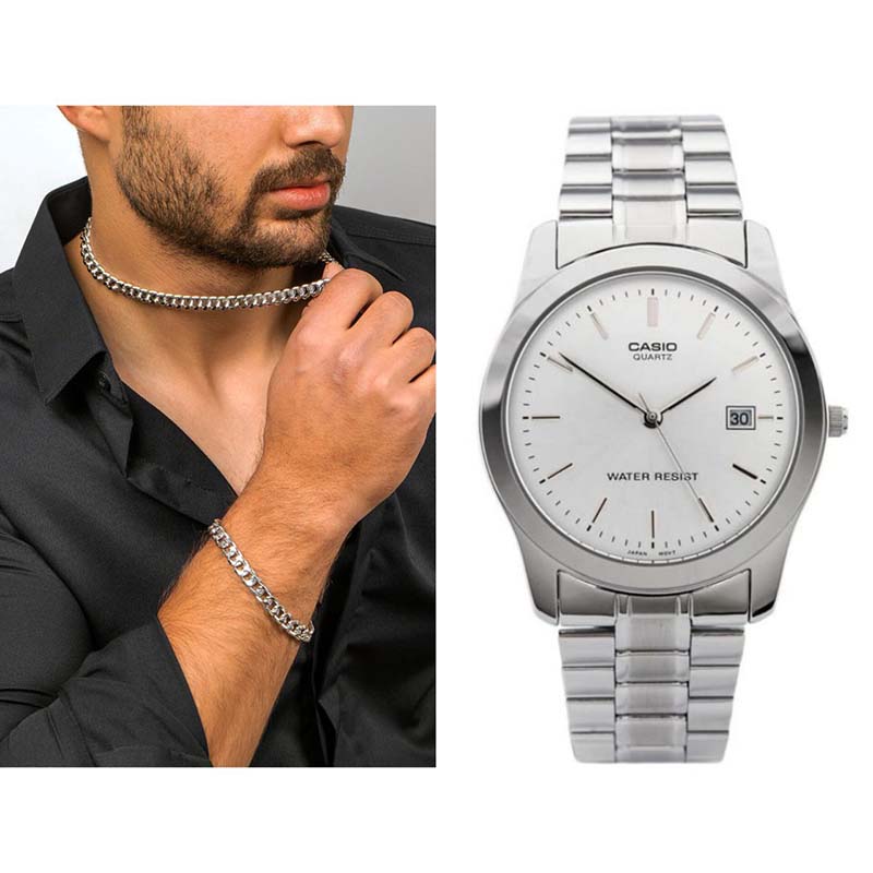 پکیج نیم ست Cartier ساعت Casio مدل Edmon نقره ای
