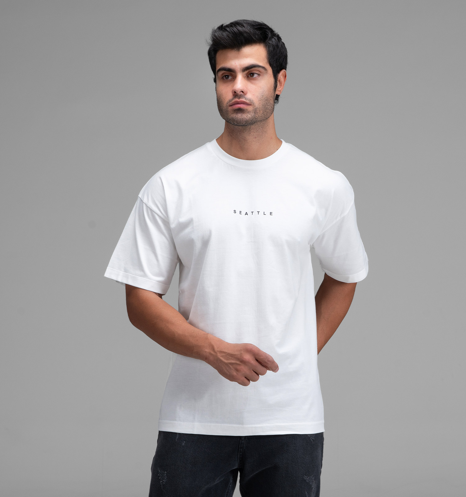 تیشرت یقه گرد مردانه سفید نخ پنبه طرحدار مدل 48351