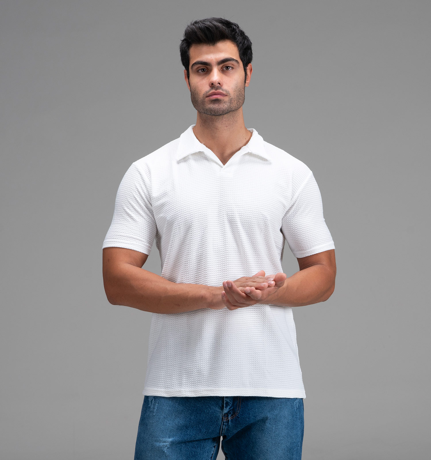 تیشرت یقه دار مردانه سفید مراکشی ساده مدل 48355