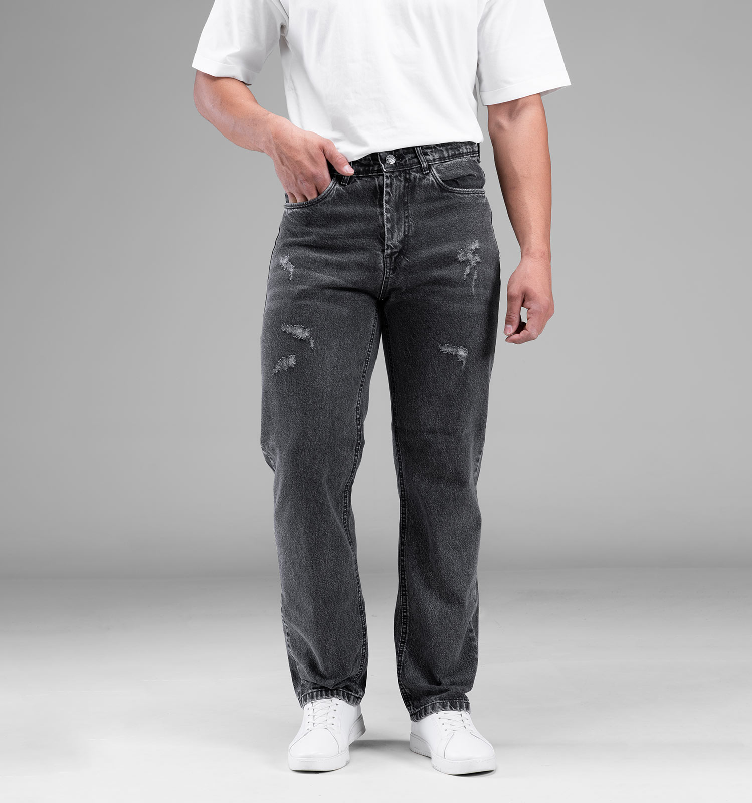 شلوار اسپرت جین نیم بگ مردانه ذغالی مدل 48401