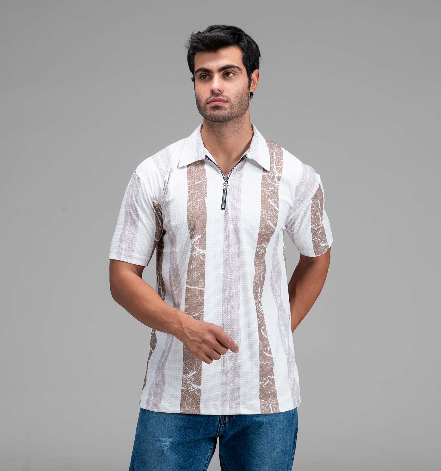 تیشرت یقه دار نیم زیپ مردانه نخ پنبه طرحدار مدل 48393