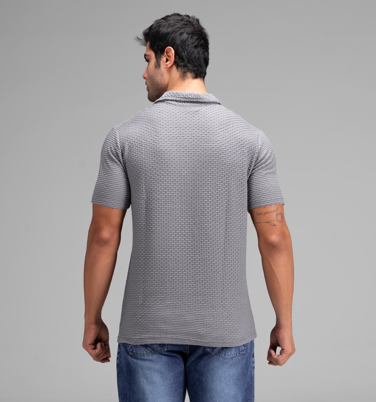 تیشرت یقه دار نیم زیپ مردانه طوسی مراکشی ساده مدل 48348