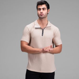 تیشرت یقه دار نیم زیپ مردانه مراکشی ساده مدل 48346