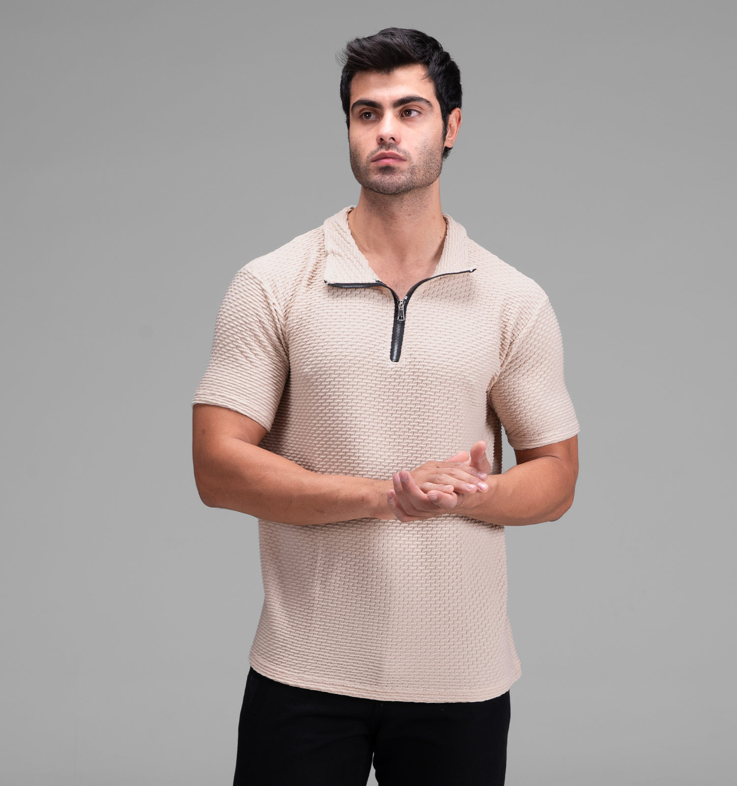 تیشرت یقه دار نیم زیپ مردانه مراکشی ساده مدل 48346