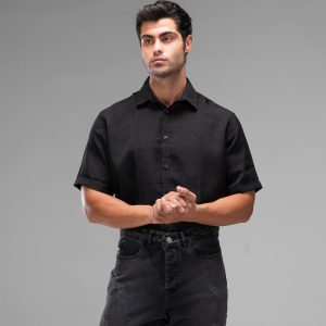 پیراهن لینن مردانه آستین کوتاه ساده مشکی مدل 48318