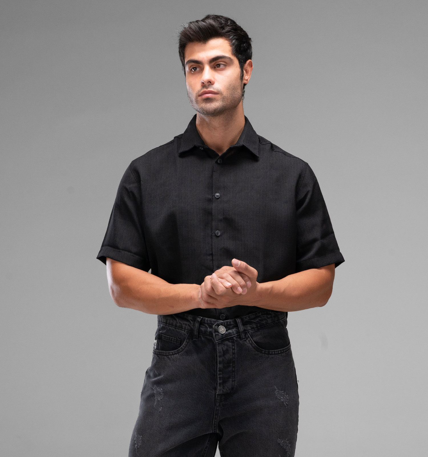 پیراهن لینن مردانه آستین کوتاه ساده مشکی مدل 48318