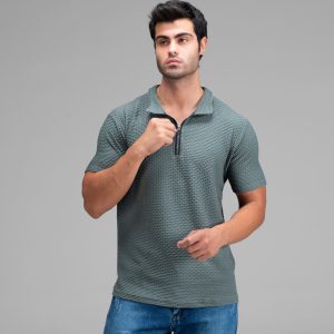 تیشرت یقه دار نیم زیپ مردانه مراکشی ساده مدل 48349