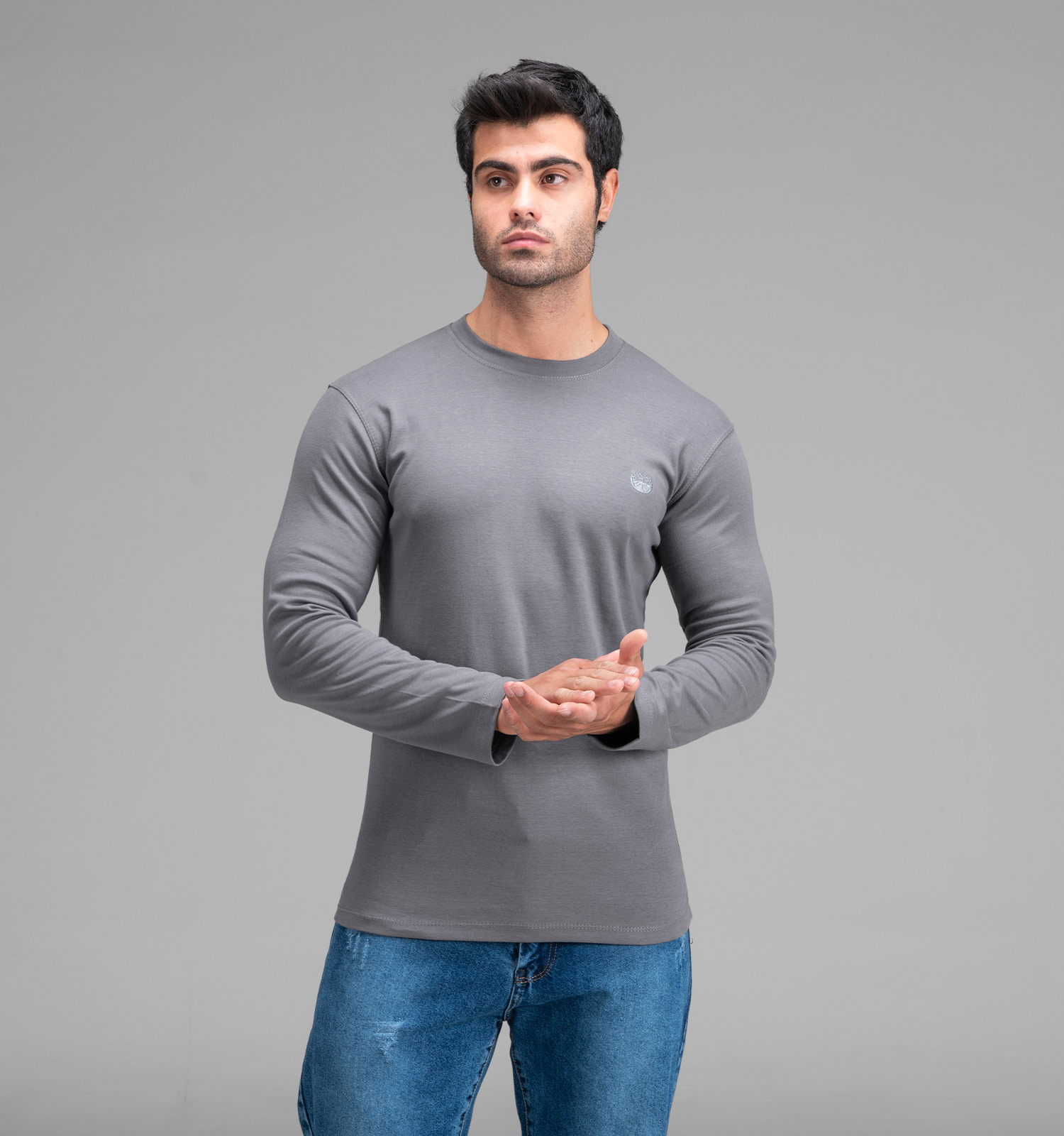 بلوز یقه گرد مردانه طوسی نخ پنبه ساده مدل 48371