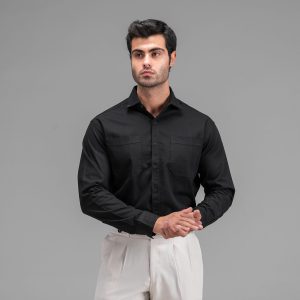 پیراهن اسپرت کتان مردانه آستین بلند جیب دار ساده مشکی مدل 48378