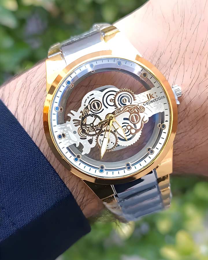 ساعت مردانه شیشه ای مدل ik نقره ای طلایی کد 6401