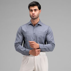 پیراهن اسپرت کتان مردانه آستین بلند جیب دار ساده طوسی مدل 48380