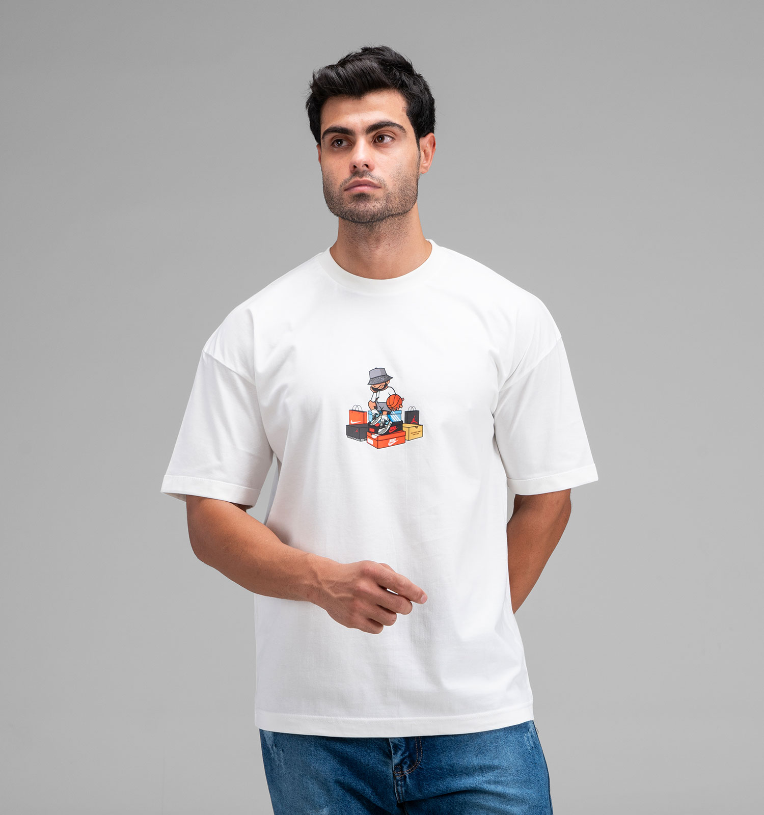 تیشرت یقه گرد مردانه سفید نخ پنبه طرحدار مدل 48344