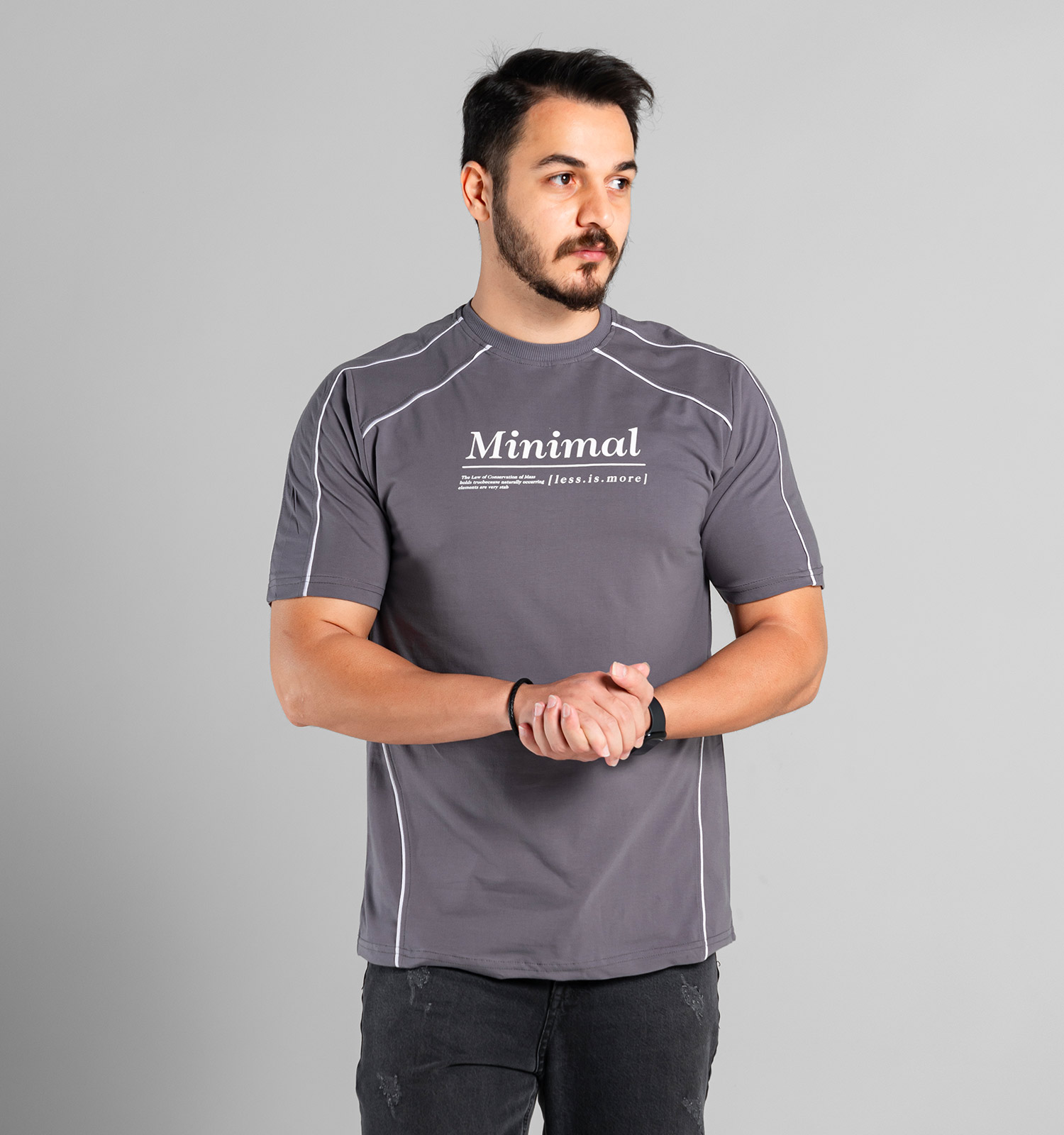 تیشرت یقه گرد مردانه طوسی نخ پنبه طرحدار مدل 48421
