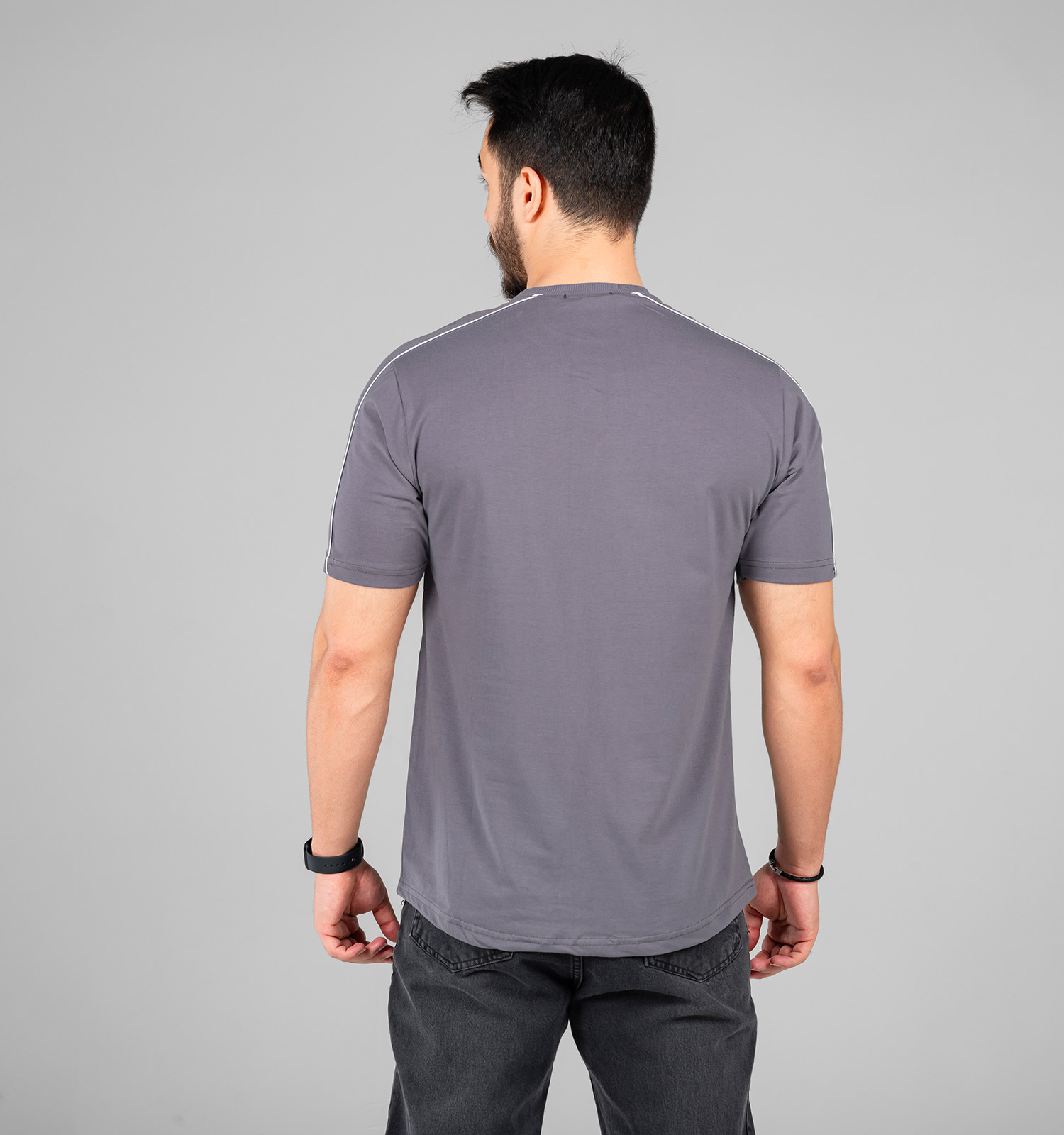 تیشرت یقه گرد مردانه طوسی نخ پنبه طرحدار مدل 48421