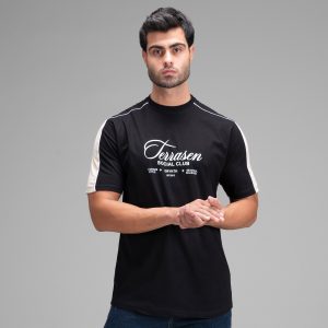 تیشرت یقه گرد مردانه مشکی نخ پنبه طرحدار مدل 48439