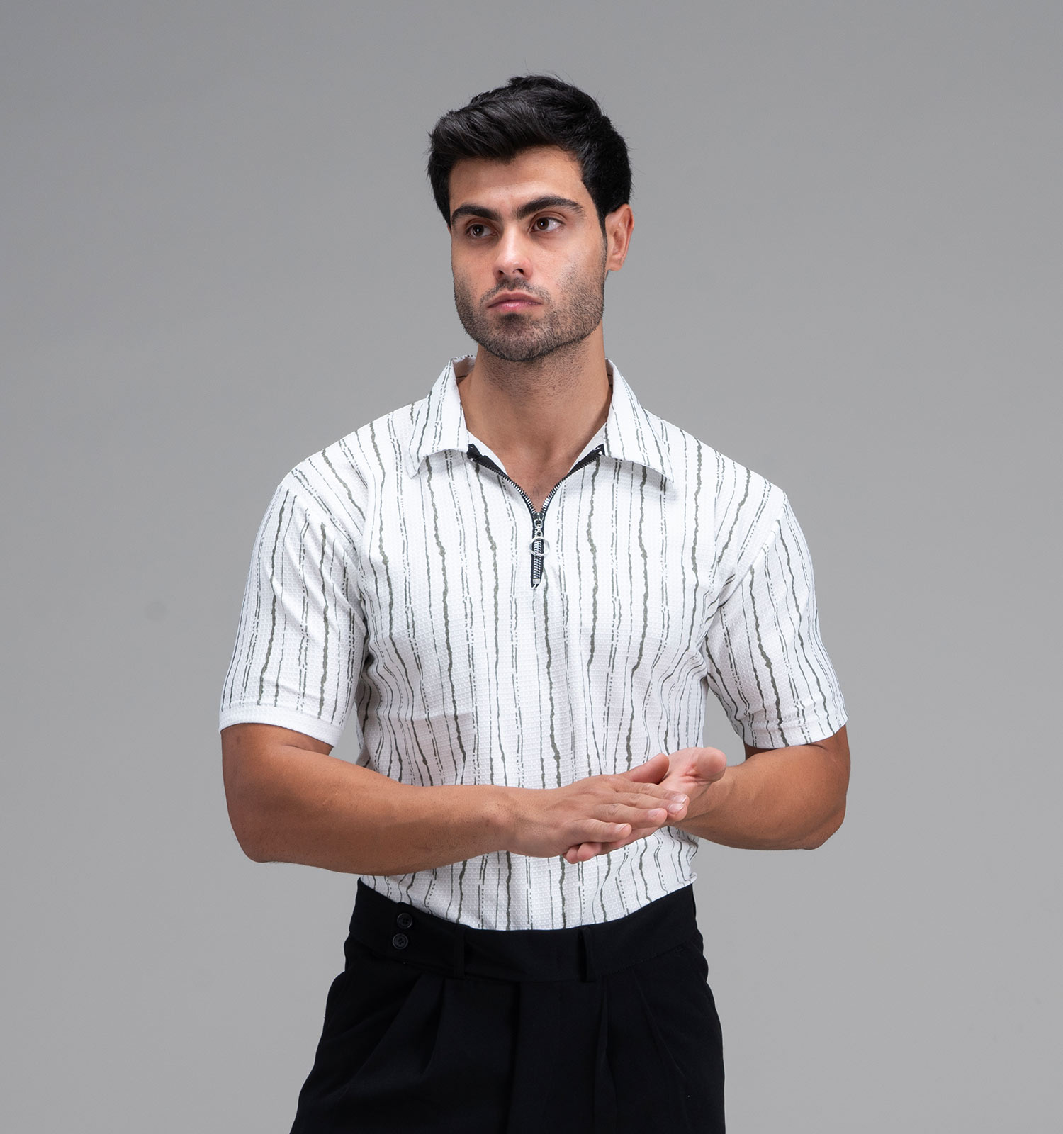 تیشرت یقه دار نیم زیپ مردانه نخ پنبه طرحدار مدل 48416
