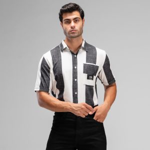 پیراهن اسپرت نخی مردانه آستین کوتاه راه راه مدل 48477