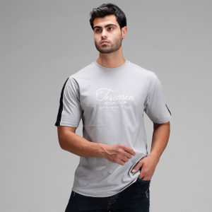 تیشرت یقه گرد مردانه طوسی نخ پنبه طرحدار مدل 48441