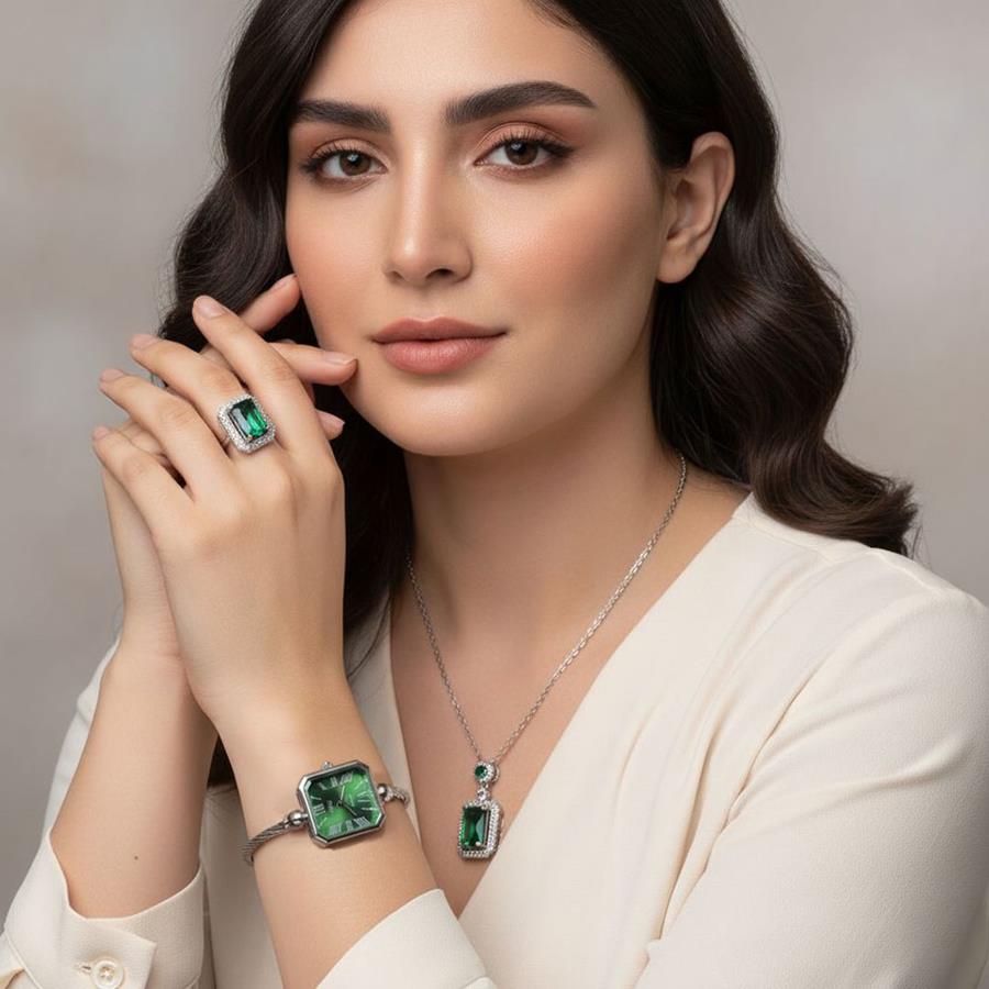 ست زنانه ساعت گردنبند انگشتر Emerald مدل 3737