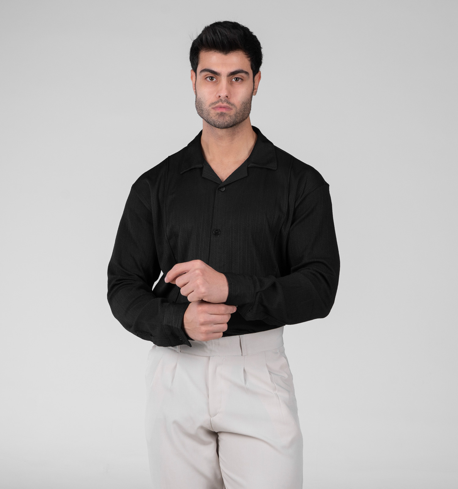 پیراهن مراکشی مردانه آستین بلند راه راه مشکی مدل 48799