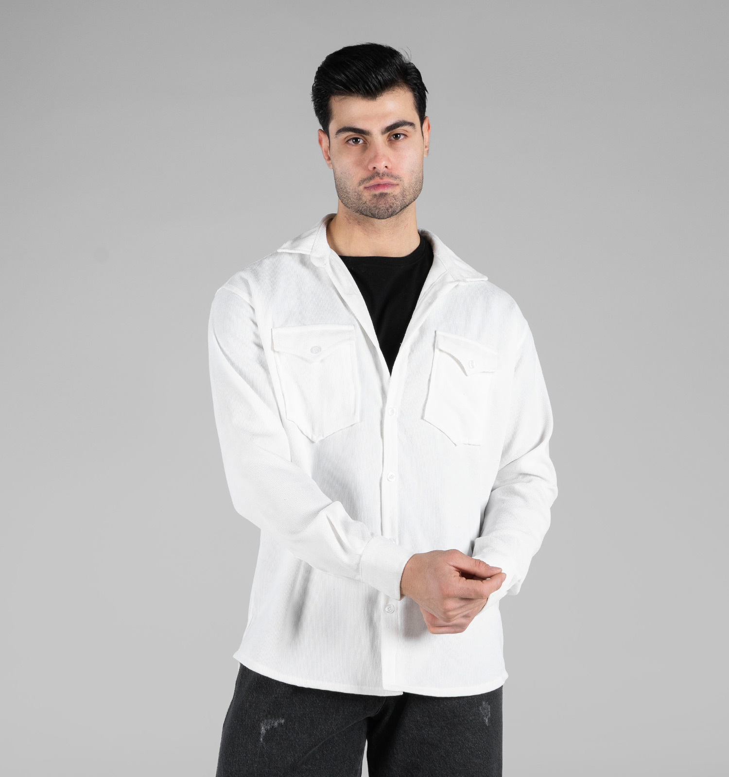 پیراهن اسپرت کبریتی مردانه آستین بلند ساده سفید مدل 48794