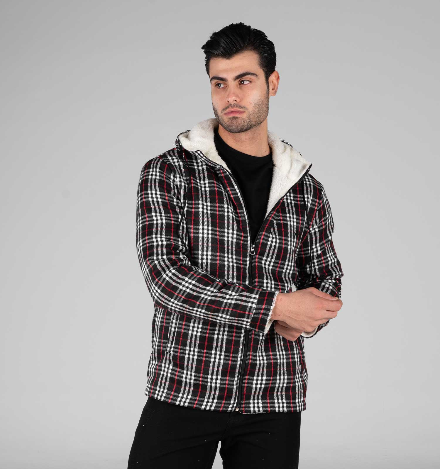 سویشرت پشمی مردانه چهار خونه کلاهدار مدل 49008