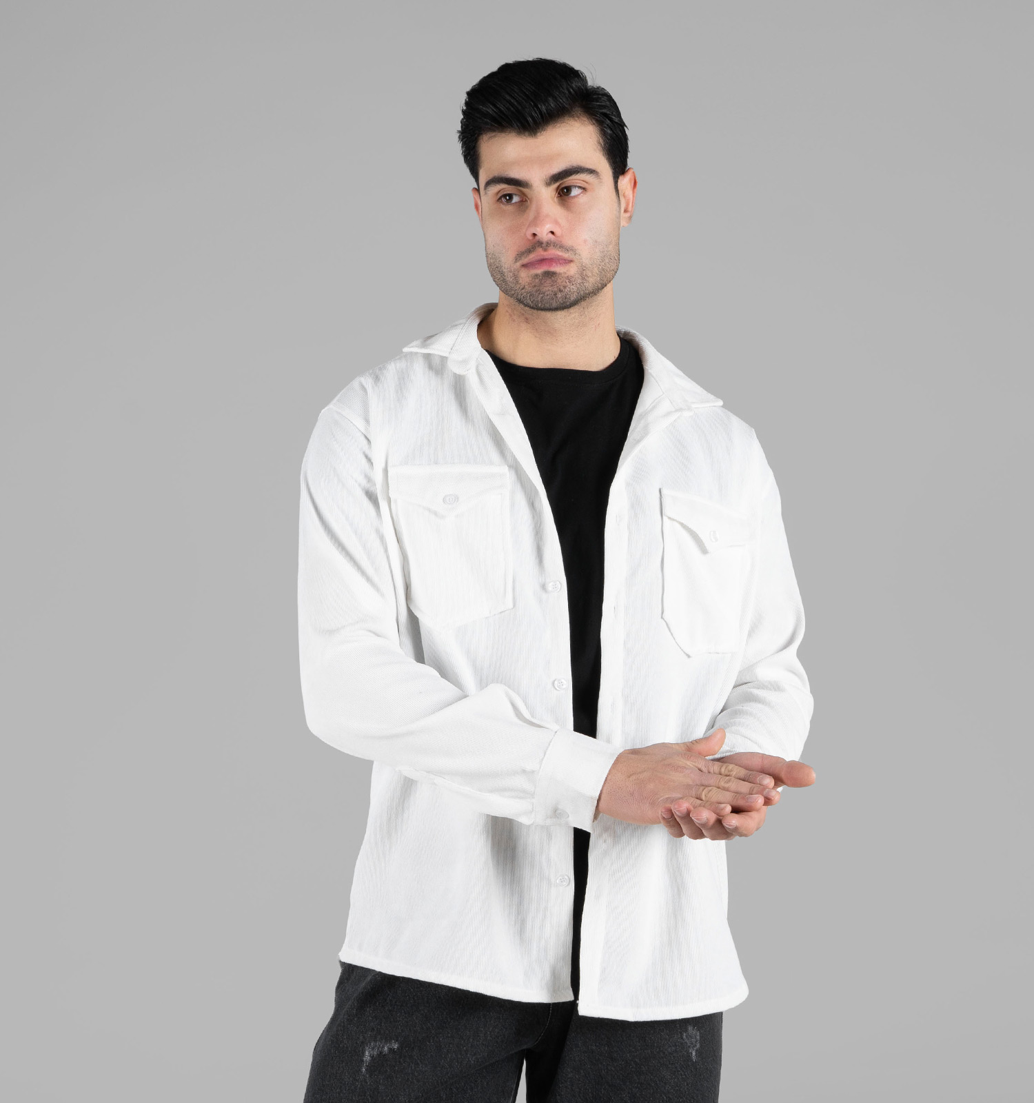 پیراهن اسپرت کبریتی مردانه آستین بلند ساده سفید مدل 48794