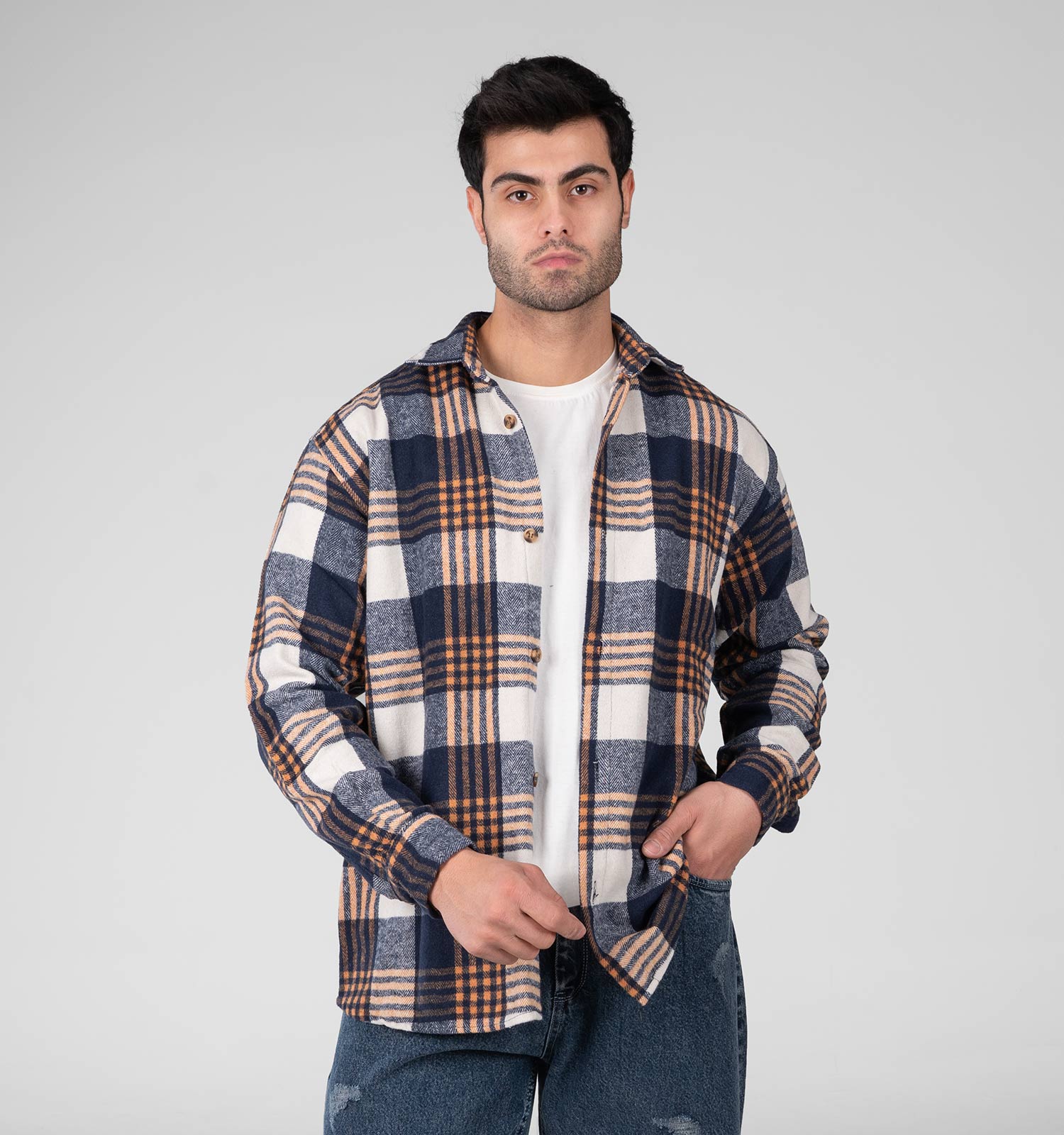 پیراهن اسپرت پشمی مردانه آستین بلند چهارخانه مدل 48786