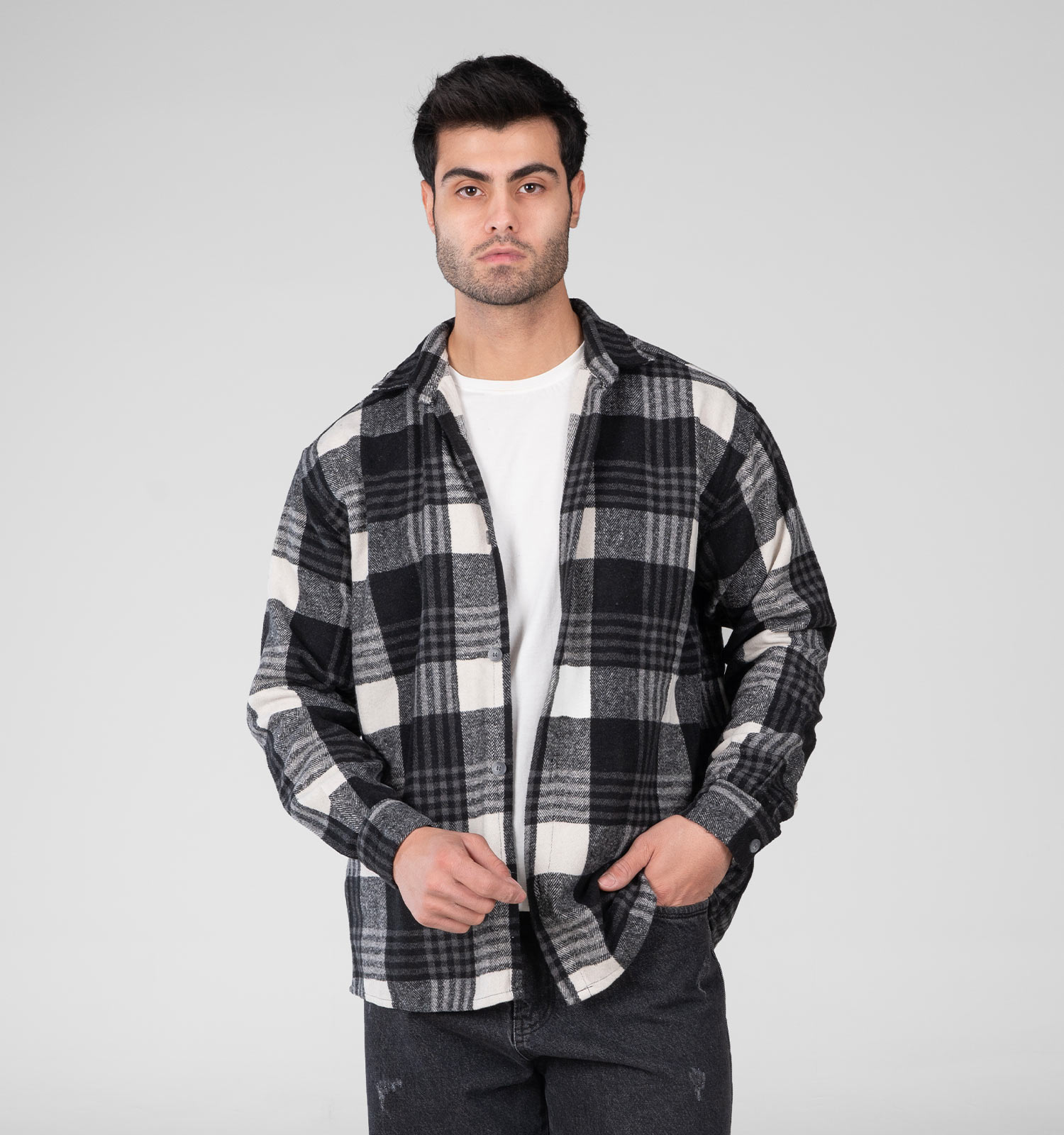 پیراهن اسپرت پشمی مردانه آستین بلند چهارخانه مدل 48787