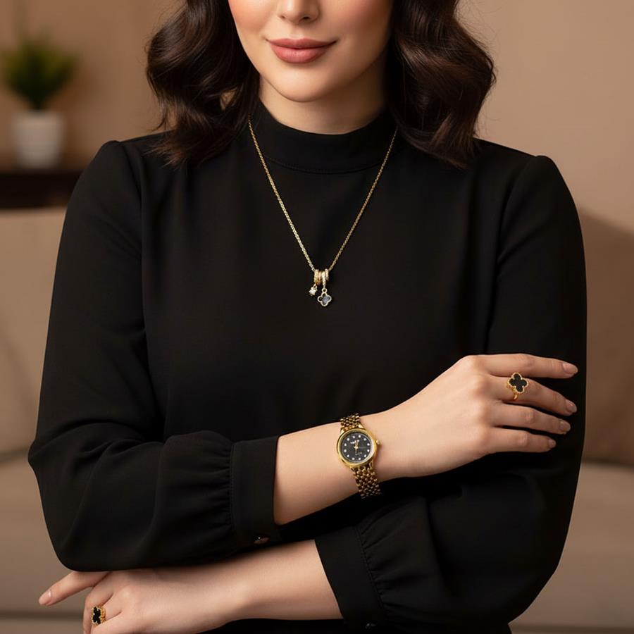 ست زنانه ساعت گردنبند انگشتر Van.Cleef_Black مدل 3739