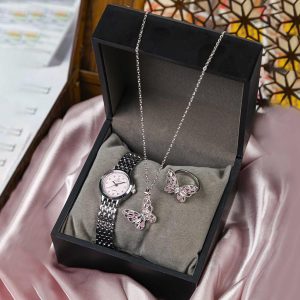 ست زنانه ساعت گردنبند انگشتر Butterfly_Pink مدل 3748