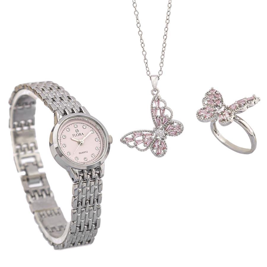 ست زنانه ساعت گردنبند انگشتر Butterfly_Pink مدل 3748