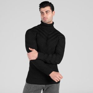 بافت مردانه یقه اسکی مشکی فری سایز طرحدار مدل 49095