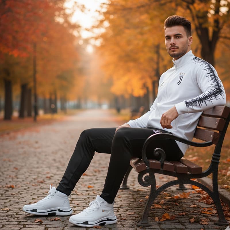 پکیج ست سویشرت شلوار یوونتوس مردانه مدل R77 کفش ساقدار مردانه EMTO سفید
