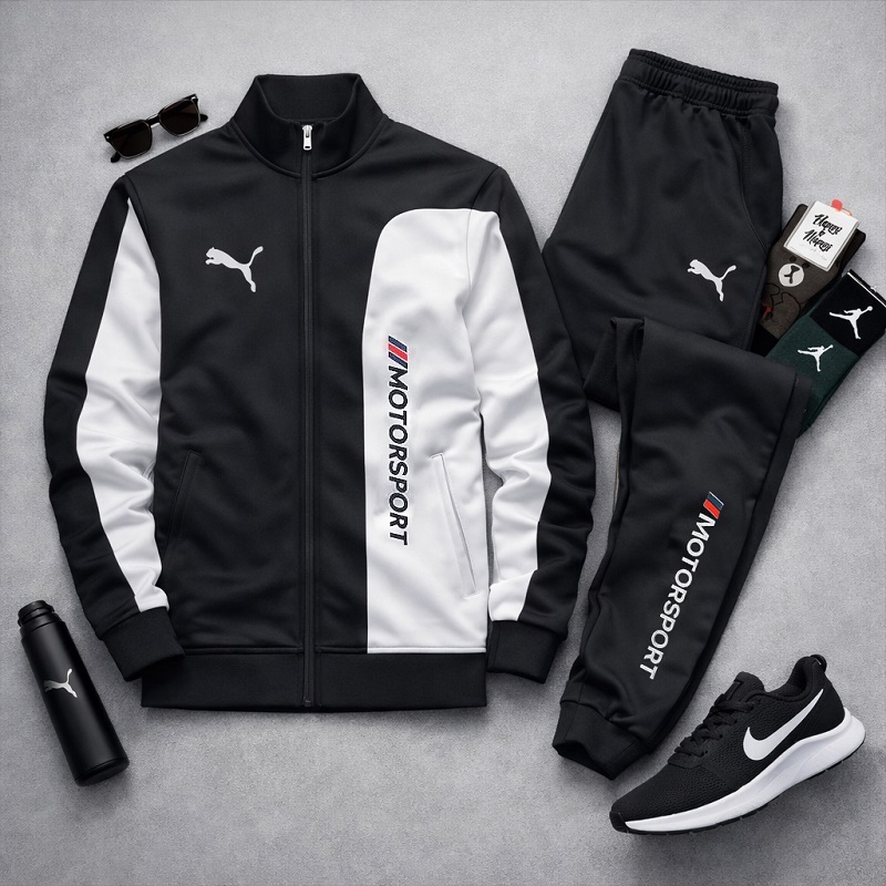 ست سویشرت شلوار مردانه مشکی مدل MotorSport کفش ورزشی مردانه Nike مدل Tigo زیره سفید