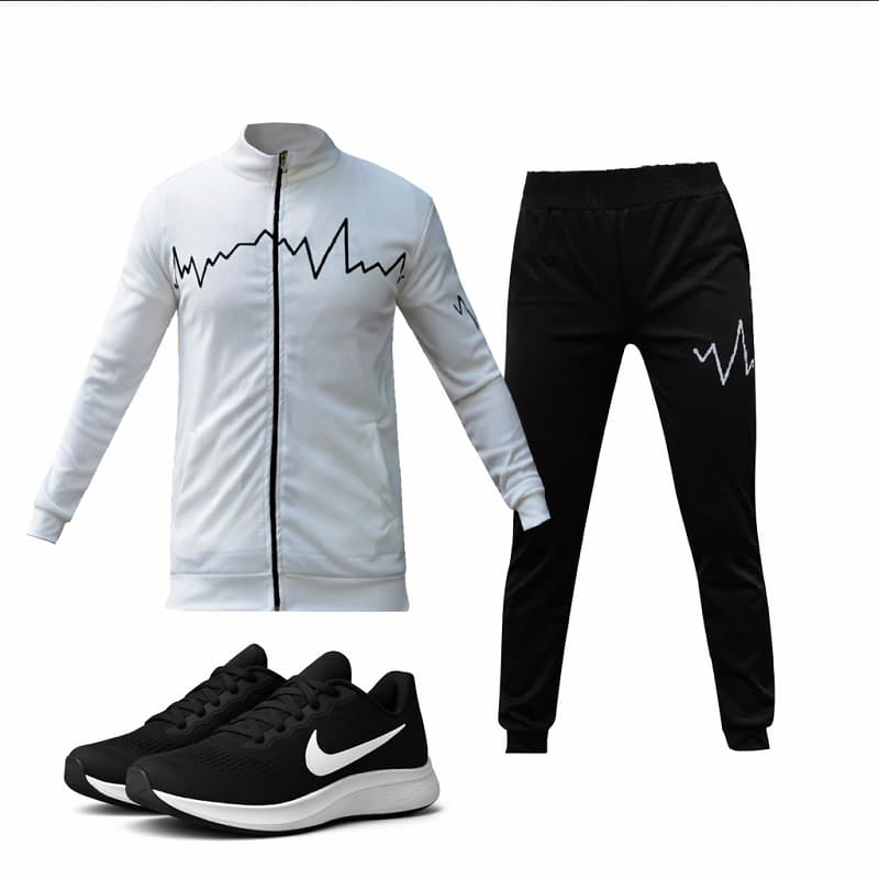 پکیج ست سویشرت شلوار مردانه سفید مدل EKO کفش ورزشی مردانه Nike مدل Tigo زیره سفید
