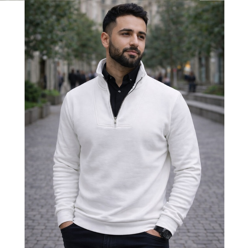 پکیج دورس مردانه نیم زیپ مدل Behbod سفید پیراهن مردانه مشکی مدل VQ