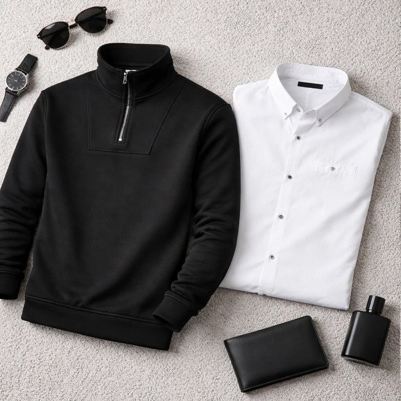 پکیج دورس مردانه نیم زیپ مدل Behbod مشکی پیراهن مردانه سفید مدل VQ